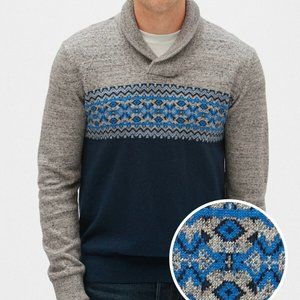 Fair Isle Shawl Collar Sweater, Size L, Fairisle Grey